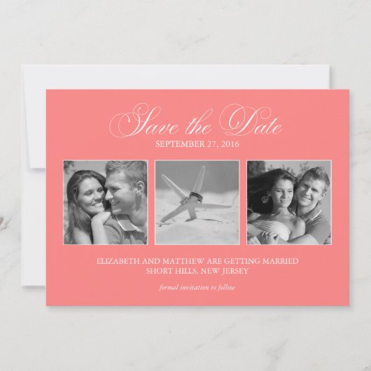 コーラルピンク3枚写真テンプレート ウェディング セーブ・ザ・デート (正面)
