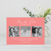 コーラルピンク3枚写真テンプレート ウェディング セーブ・ザ・デート (スタンド正面)