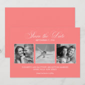 コーラルピンク3枚写真テンプレート 結婚式の招待状・おふたりの結婚のご案内 セーブザデート (正面/裏面)
