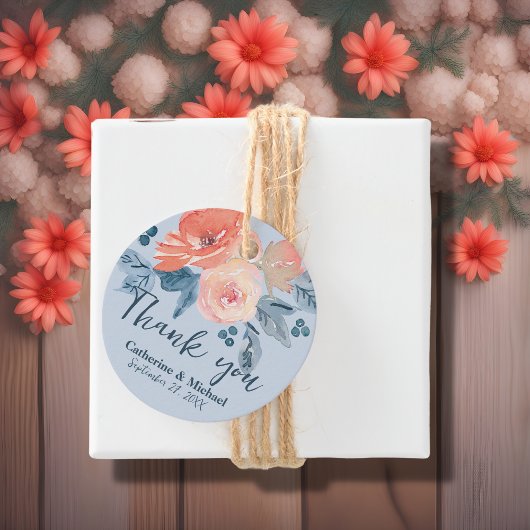 コーラルピンク&ダスティブルーウォーターの色のフローラ結婚ズ フェイバータグ