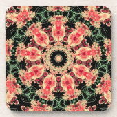 コーラルピンク&ダークグリーンフラクタル万華鏡のように千変万化するパターンコースト コースター (正面)