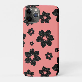 コーラルピンク フローラル ブラック スパークル ギャザー フラワー iPhone 11 PROケース