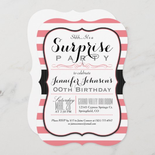 コーラルピンク&ホワイトストライプズ驚きパーティー 招待状 (正面/裏面)