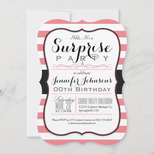 コーラルピンク&ホワイトストライプズ驚きパーティー 招待状 (正面)