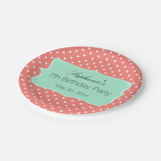 コーラルピンク&ミントグリーン水玉模様誕生日パーティー ペーパープレート (アングル)