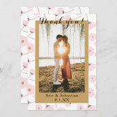 コーラルピンク&金ゴールドフローラ写真結婚の皆様に感謝 招待状 (正面/裏面)