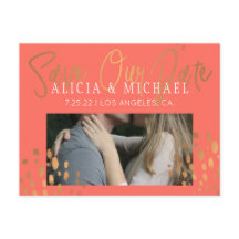 コーラルピンクPHOTO金ゴールド結婚タイポグラフィ救の日付