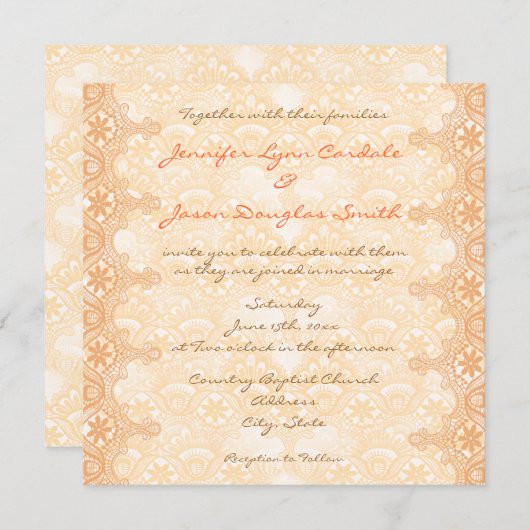 コーラルピーエレガントチレースダマスクウエディング招待状 招待状 (正面/裏面)