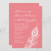 コーラルピーコックフェザーズベビーシャワー招待状 招待状 (正面/裏面)
