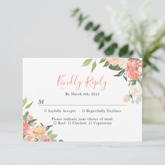 コーラルピーチウォーターカラーガーデンフローラ結婚ズ 出欠カード (スタンド正面)