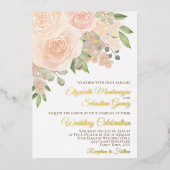 コーラルピーチウォーターカラーフローラエレガントな結婚式 箔招待状 (正面)