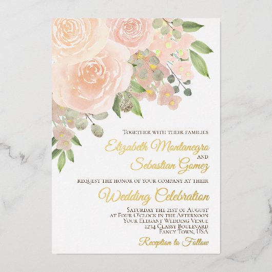 コーラルピーチウォーターカラーフローラエレガントな結婚式 箔招待状 (正面)