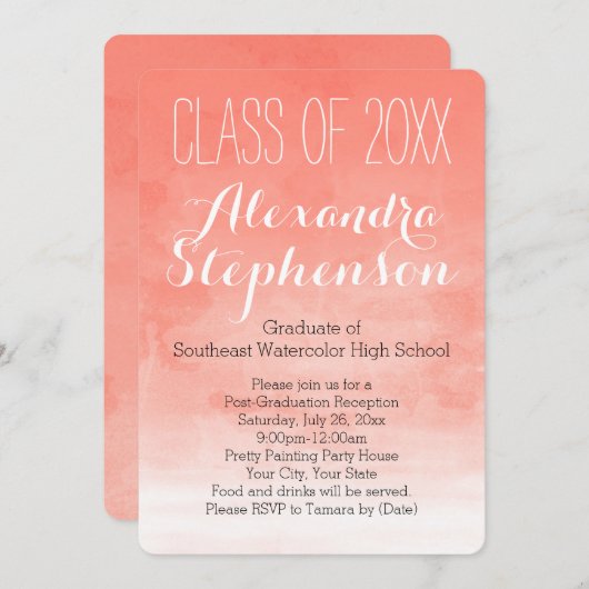 コーラルピーチウォーターカラー卒業パーティー招待状 招待状 (正面/裏面)