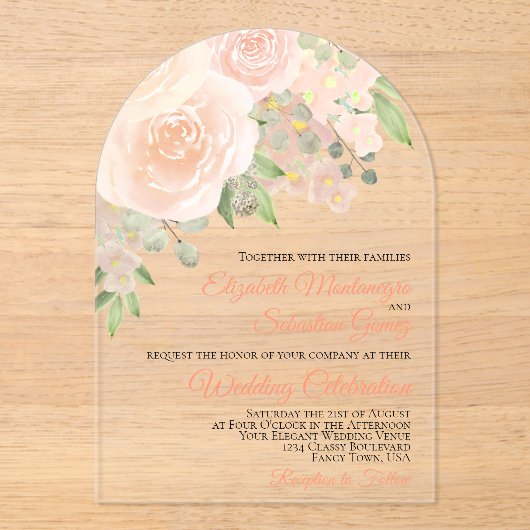 コーラルピーチウォーターバラエレガントアーチ結婚ーズ アクリル招待状 (正面)