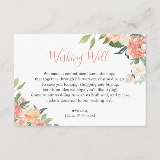 コーラルピーチウォーター結婚カラーフローラズウィッシングウェル エンクロージャーカード (正面)