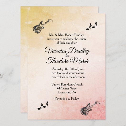 コーラルピーチギターテーマ結婚式招待状 招待状 (正面/裏面)