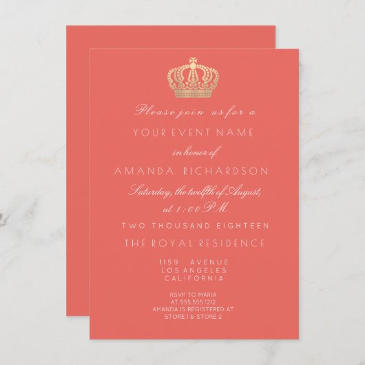 コーラルピーチゴールデンクラウン王室のグリッター16thブライダル 招待状 (正面/裏面)
