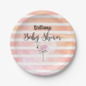 コーラルピーチストライプのフラミンゴベビーシャワー ペーパープレート (正面)