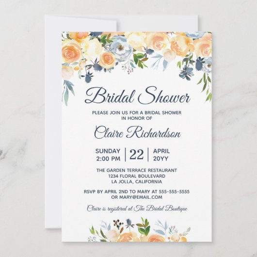 コーラルピーチネイビーウォーターカラーフローラブライダルシャワー 招待状 (正面)