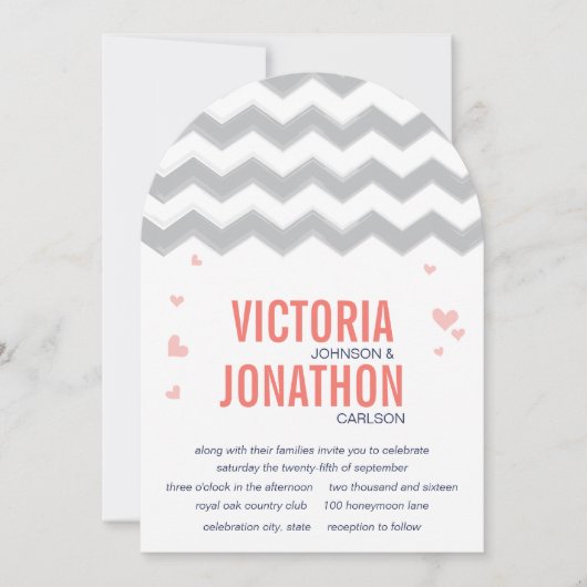 コーラルピーチネイビーグレイジグザグザクタイポグラフィ結婚ズ 招待状 (正面)