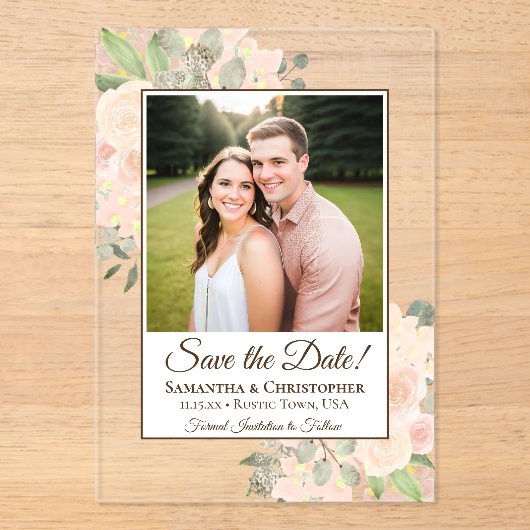 コーラルピーチバラウェディング日付写真を保存 アクリル招待状 (正面)