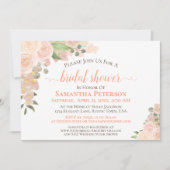 コーラルピーチバラウォーターカラーフローラブライダルシャワー 招待状 (正面)