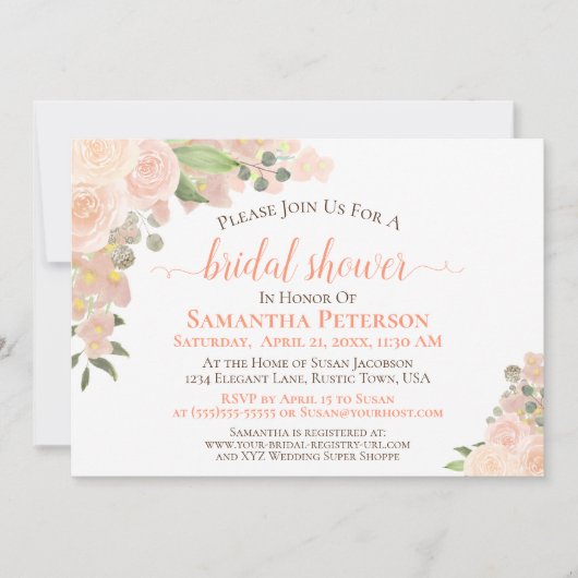 コーラルピーチバラウォーターカラーフローラブライダルシャワー 招待状 (正面)