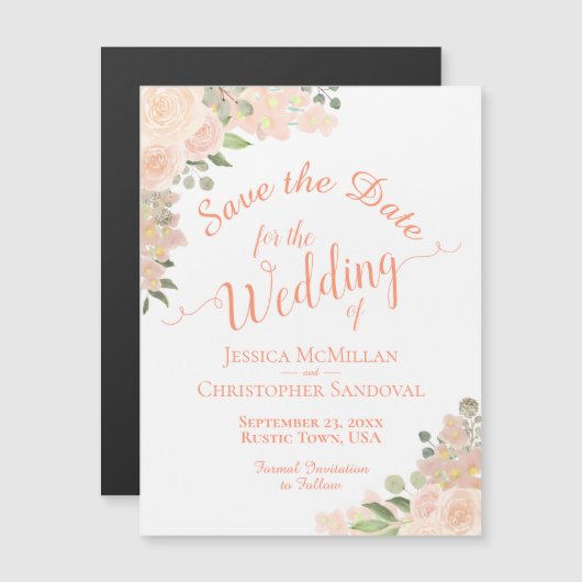 コーラルピーチバラ日付書道磁石を保存 (正面/裏面)