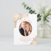 コーラルピーチバラ楕円形フォトウェディング日付を保存 案内ポストカード (スタンド正面)