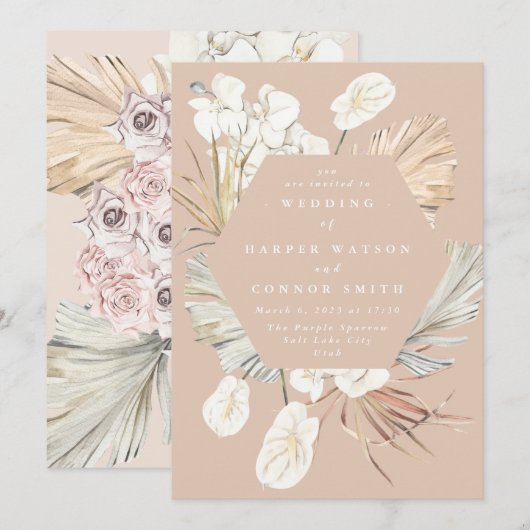 コーラルピーチパンパスグラスフローラトロピカルジャングル 招待状 (正面/裏面)