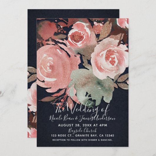 コーラルピーチピンクソフトはっきりしたフローラブーケ結婚ーズ 招待状 (正面/裏面)