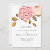 コーラルピーチピンク金ゴールドフローラ結婚式招待状 招待状 (正面)