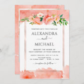 コーラルピーチフォトフローラ幾何結婚体 招待状 (正面/裏面)