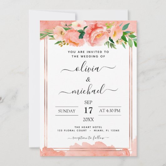 コーラルピーチフォトフローラ幾何結婚体 招待状 (正面)