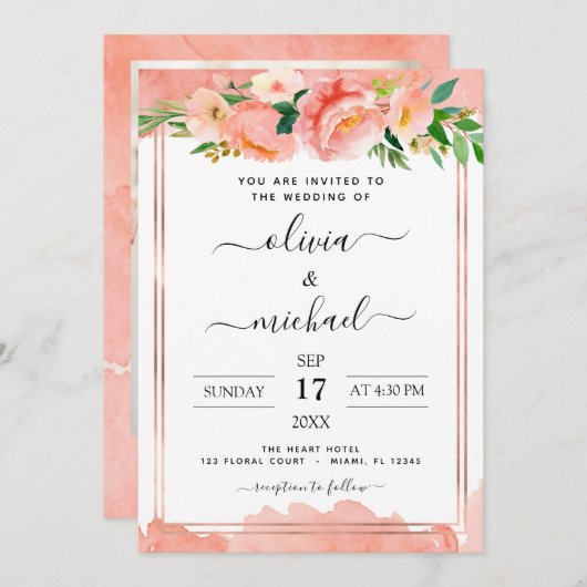 コーラルピーチフォトフローラ幾何結婚体 招待状 (正面/裏面)