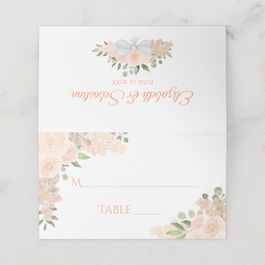 コーラルピーチフローラエレガント書ウェディング – イン プレイスカード (外部開封)