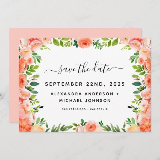 コーラルピーチフローラグリーンリーザデイト 招待状 (正面/裏面)