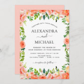 コーラルピーチフローラグリーンリー結婚ボタニズ 招待状 (正面/裏面)