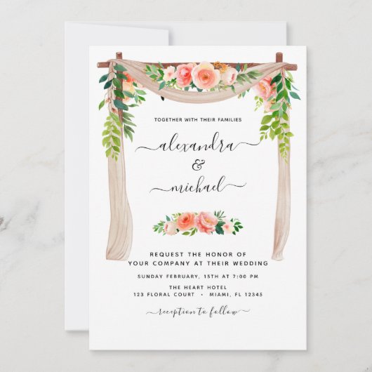 コーラルピーチフローラフォトグリーナリーアーチ結婚ーズ 招待状 (正面)