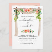 コーラルピーチフローラフォトグリーナリーアーチ結婚ーズ 招待状 (正面/裏面)