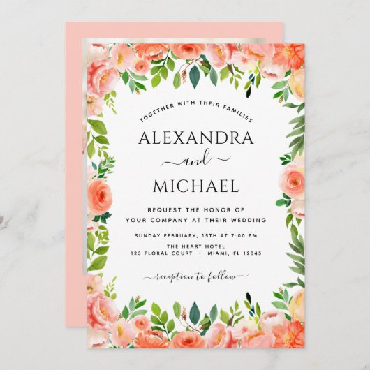 コーラルピーチフローラフォトボタニッ結婚クス 招待状 (正面/裏面)