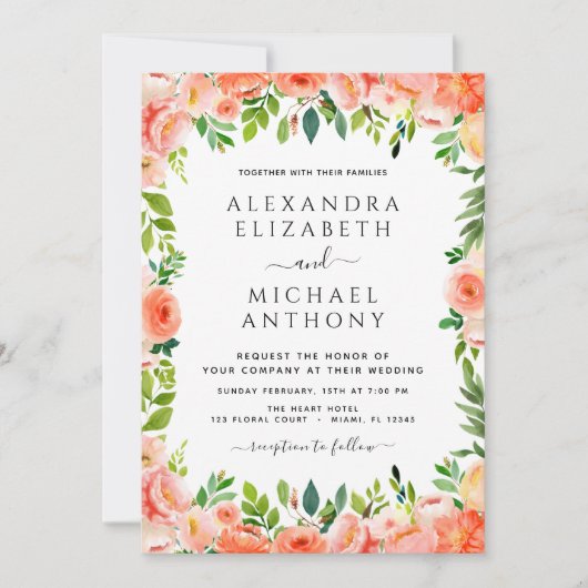 コーラルピーチフローラフォト写真ボタニッ結婚クス 招待状 (正面)