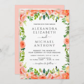 コーラルピーチフローラフォト写真ボタニッ結婚クス 招待状 (正面/裏面)