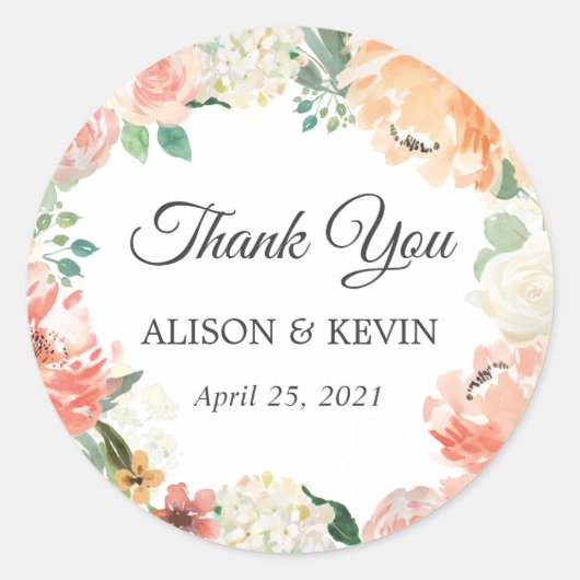コーラルピーチフローラルウォレスウェディングフライトサンキューサンキュー ラウンドシール (正面)