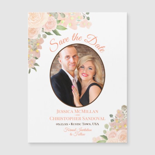 コーラルピーチフローラ保存日付オーバルフォトマグネット (正面)