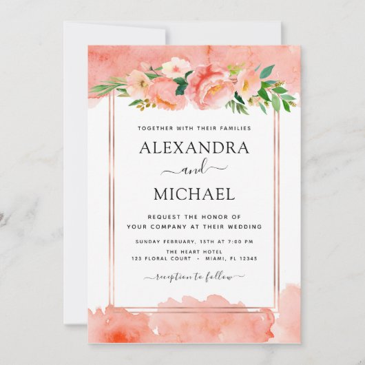 コーラルピーチフローラ幾何結婚式招待状 招待状 (正面)