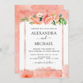 コーラルピーチフローラ幾何結婚式招待状 招待状 (正面/裏面)