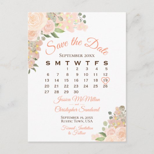 コーラルピーチフローラ結婚式日付カレンダーを保存 案内ポストカード (正面)