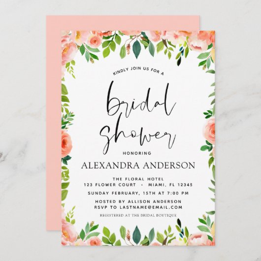 コーラルピーチブライダルシャワーフローラ招待状 招待状 (正面/裏面)