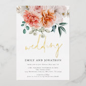 コーラルピーチ牡丹花模様ス結婚クリプト 箔招待状 (正面)